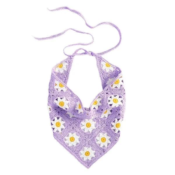 Daisy crochet hair scarf with floral pattern and tied ends