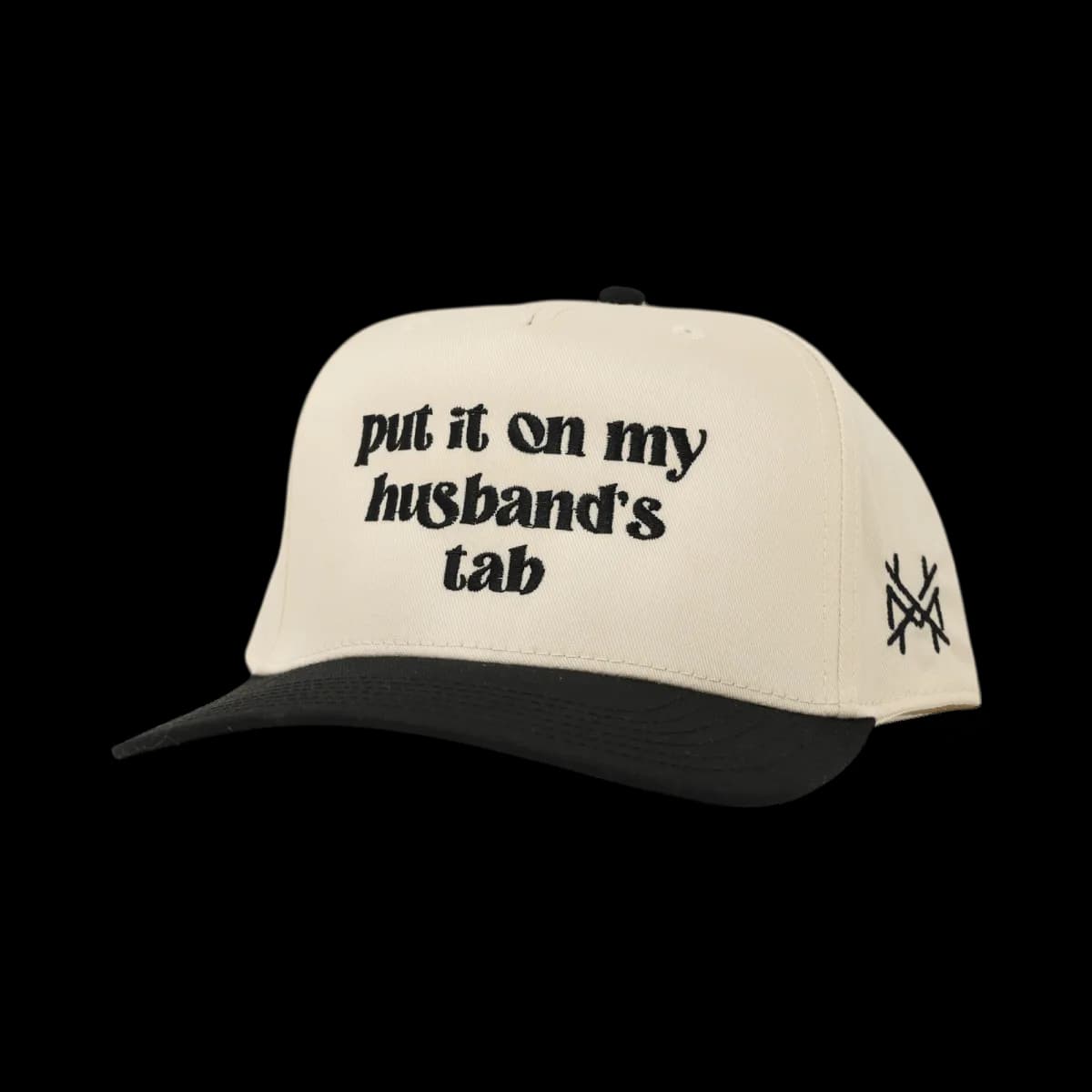 Black Put it on my Husband Tab Snapback Hat with text embroidery