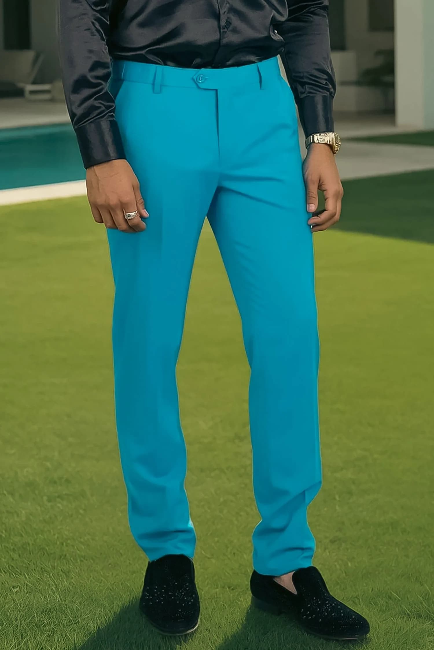 Astral blue solid pants with a matte finish