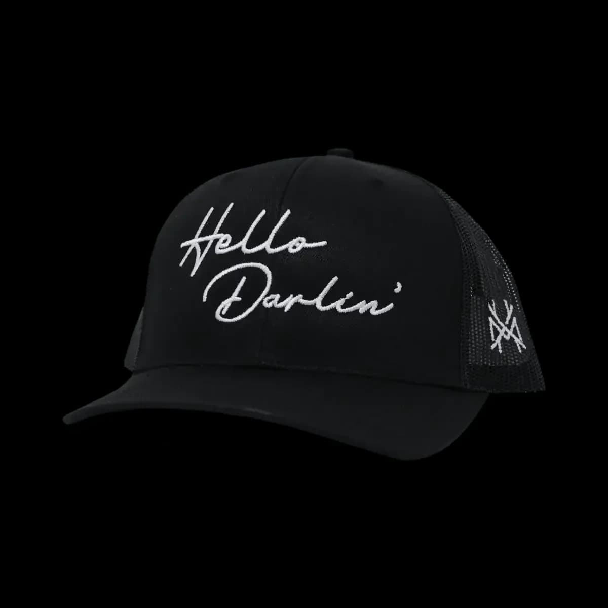 Black Hello Darlin Snapback Hat with embroidered front text